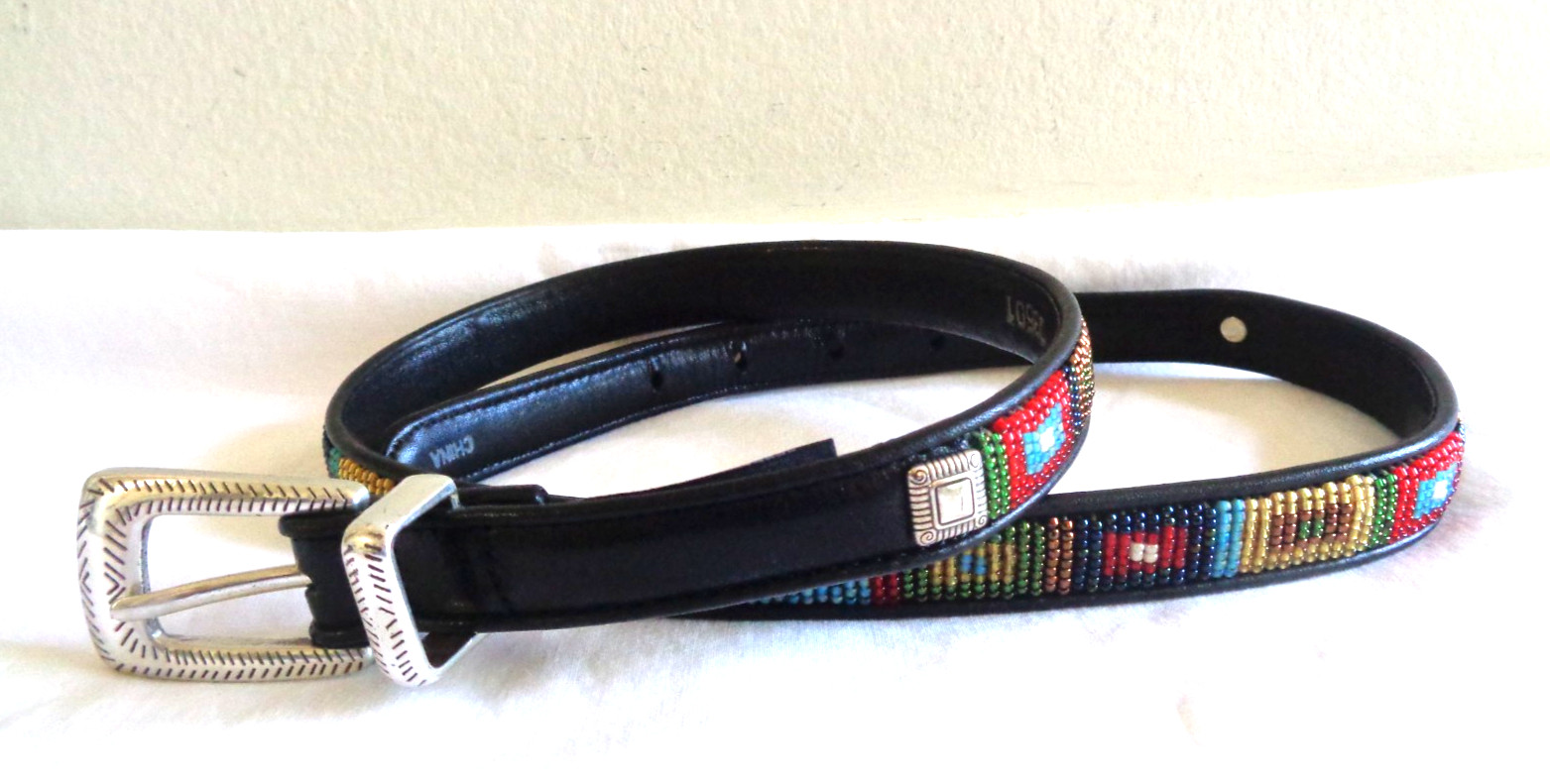 Vtg Brighton M/L 32 Black Leather Southwestern Beaded Belt Q3501