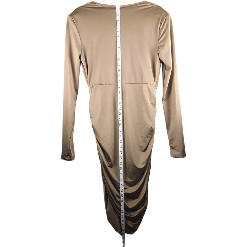SHEIN BAE Long Sleeve Ruched Deep V Midi Dress – Size L – Tan/Khaki