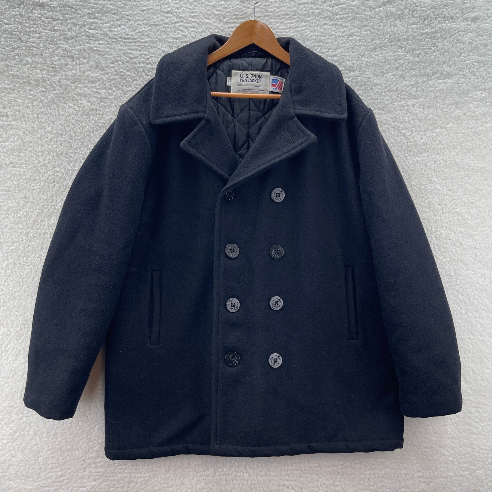 Schott Peacoat Mens 48 Black Wool Navy Made in USA Nautical Double Breasted
