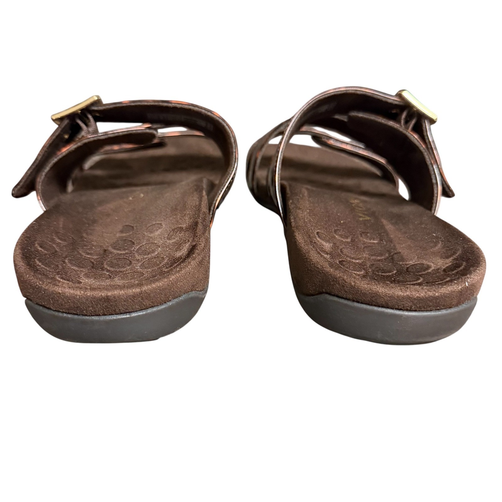 Vionic Skylar Tortoise Shell Patent Adjustable Slide Sandals Brown Gold Buckle