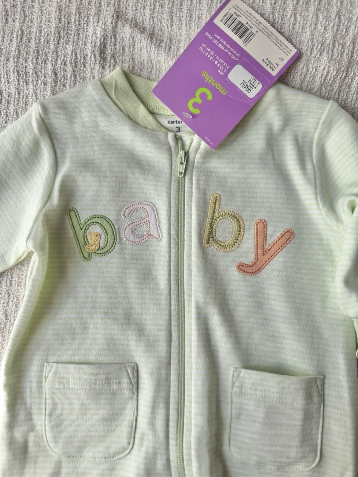 Carter’s 3 Months Green/White Striped Cotton Zip Footed One-Piece Sleeper