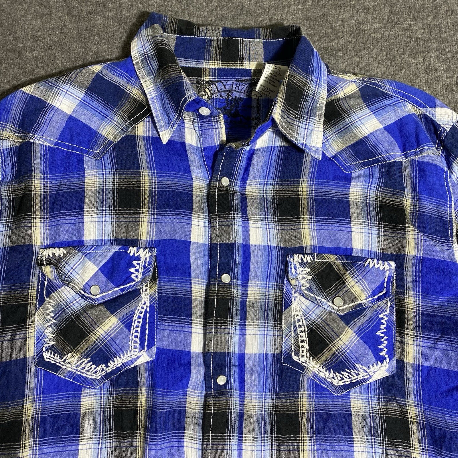 Ely Cattleman Shirt Mens L Blue Plaid Western Pearl Snap Cowboy Rodeo Rancher