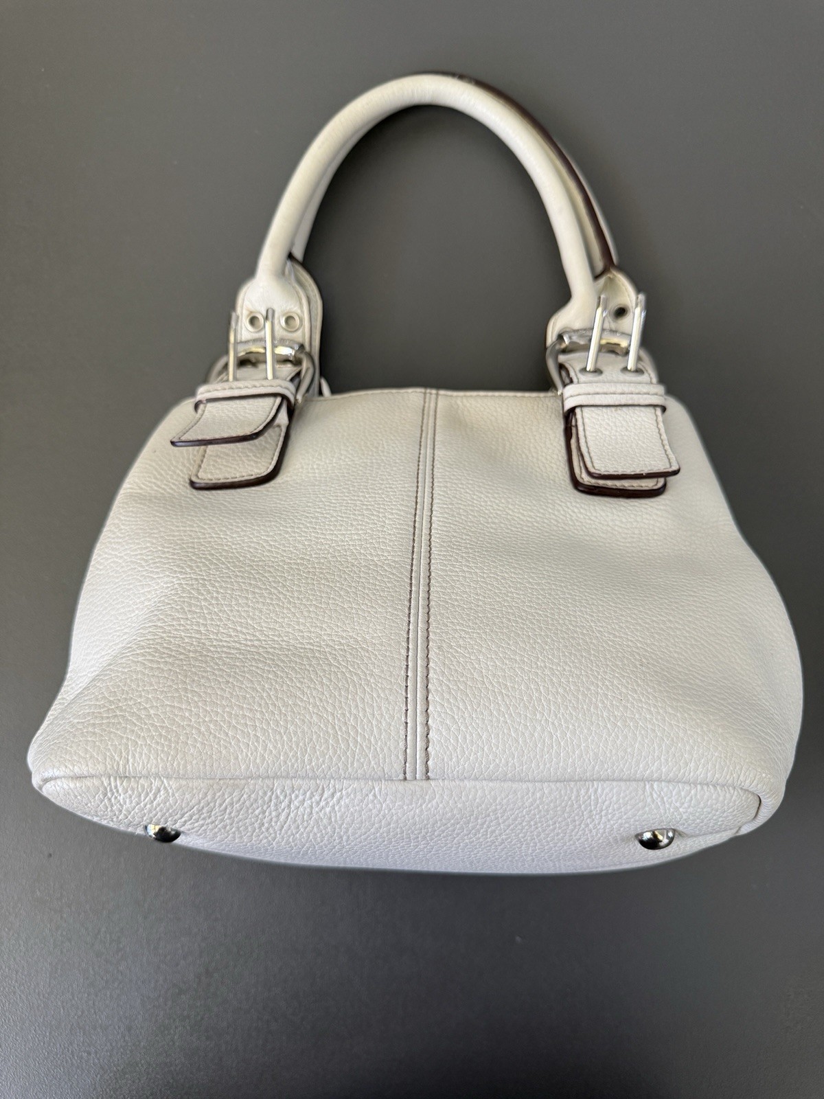 Tignanello White Pebbled Satchel Top Handle Double Handles Silver Hardware