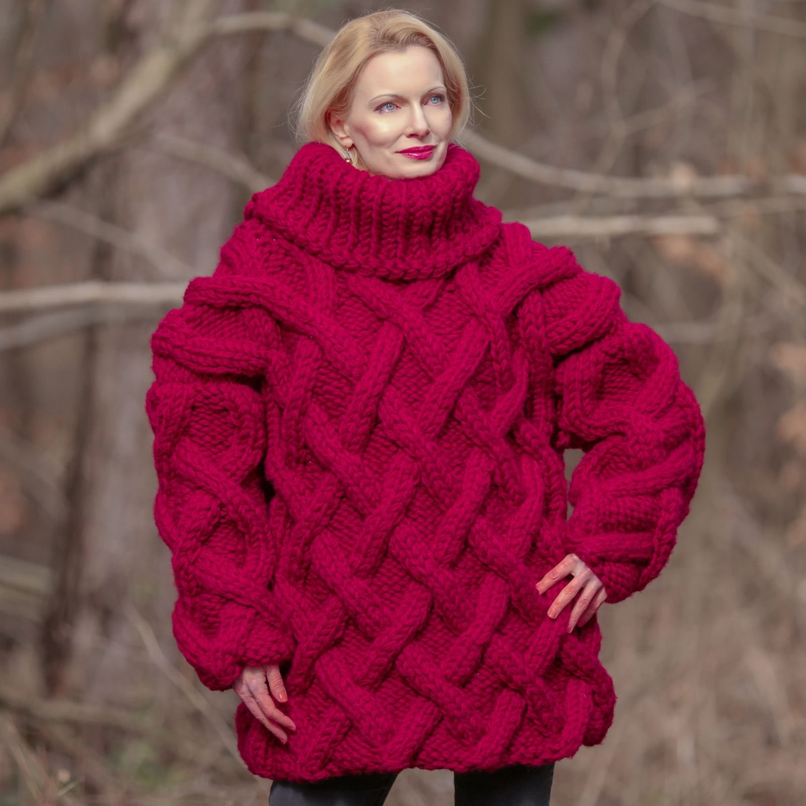 Red Chunky Knit Sweater 100% Wool Heavy Hand Knit Oversized Turtleneck – 4.3 KG