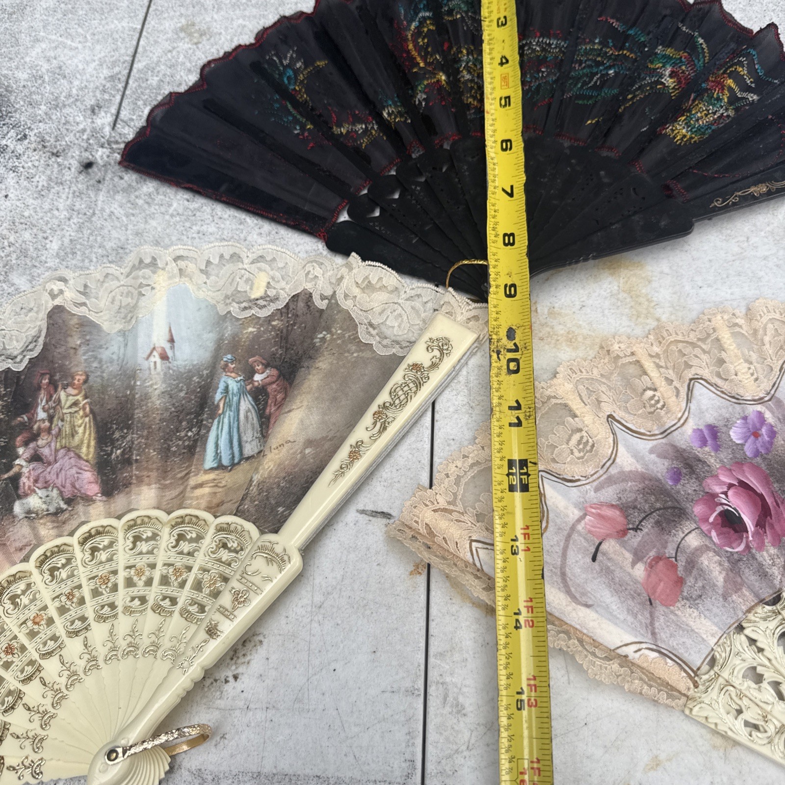 Victorian Style Multicolor Floral Hand Fan Black Lace Trim Fabric Plastic