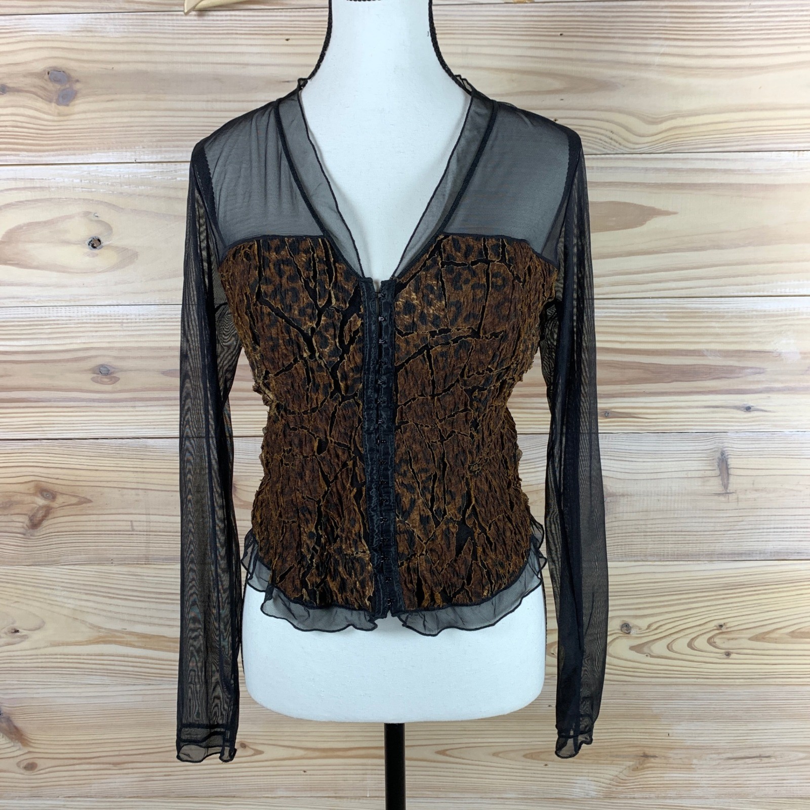 Papillon Blanc Top Womens Large Leopard Mesh Hook Eye Long Sleeve Goth Punk