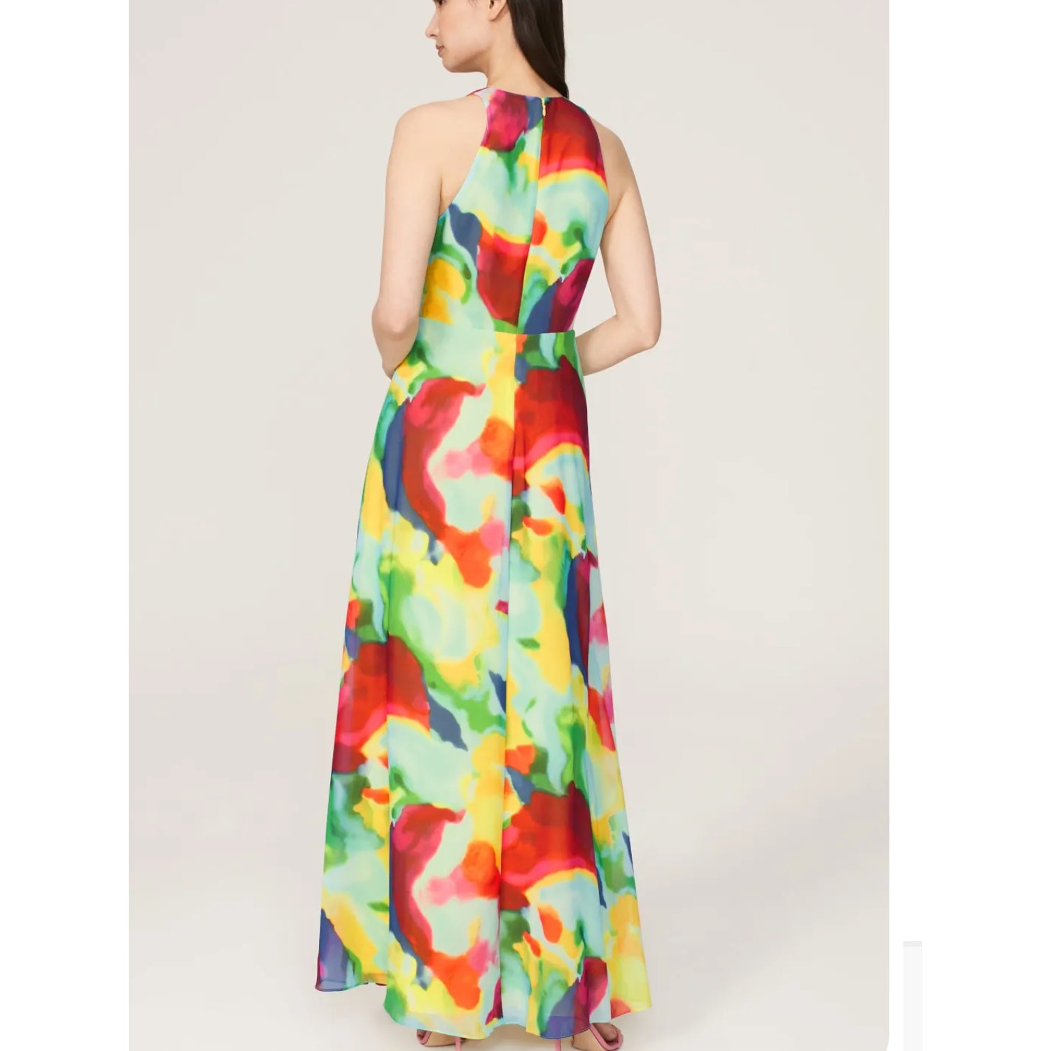 Ralph Lauren Rainbow Watercolor Chiffon Gown SIZE 14 Plunging Maxi Designer $265