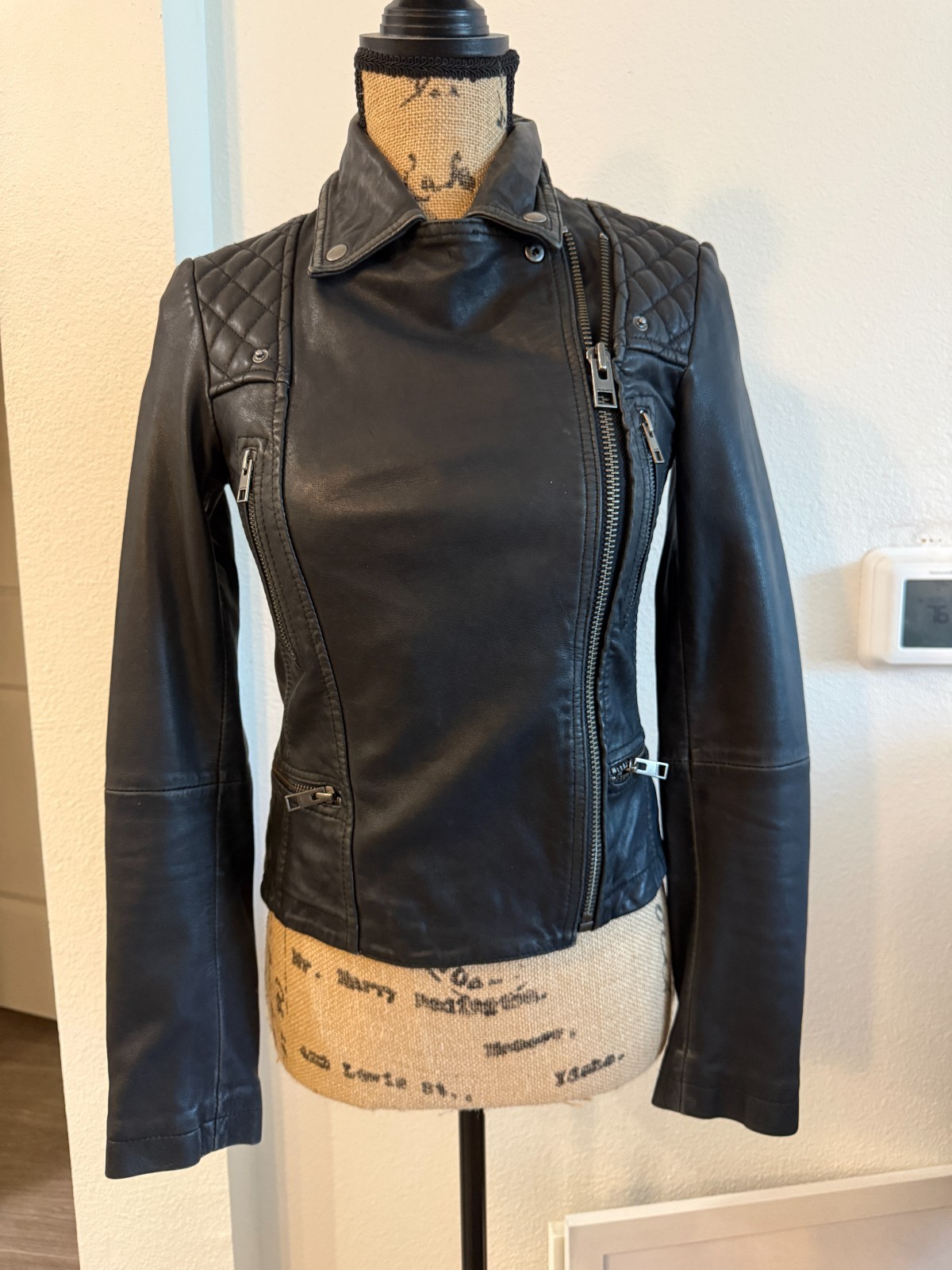 AllSaints Cargo Biker Black Leather Moto Jacket Women US 0 Distressed