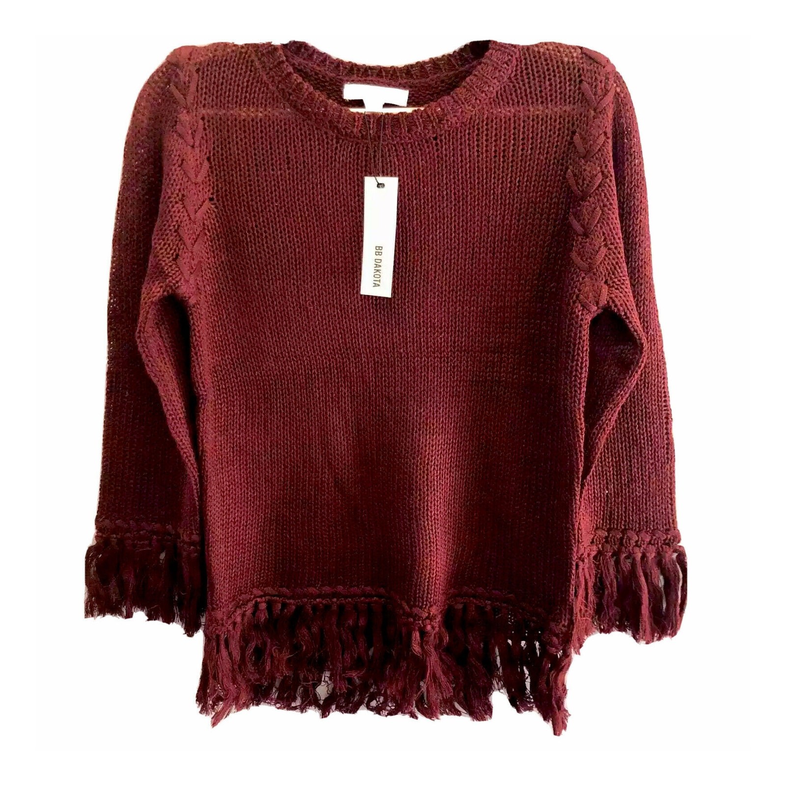 nwt BB Dakota Young Wild & Free Sweater size XS Braid Fringe Hem in Burgundy Red