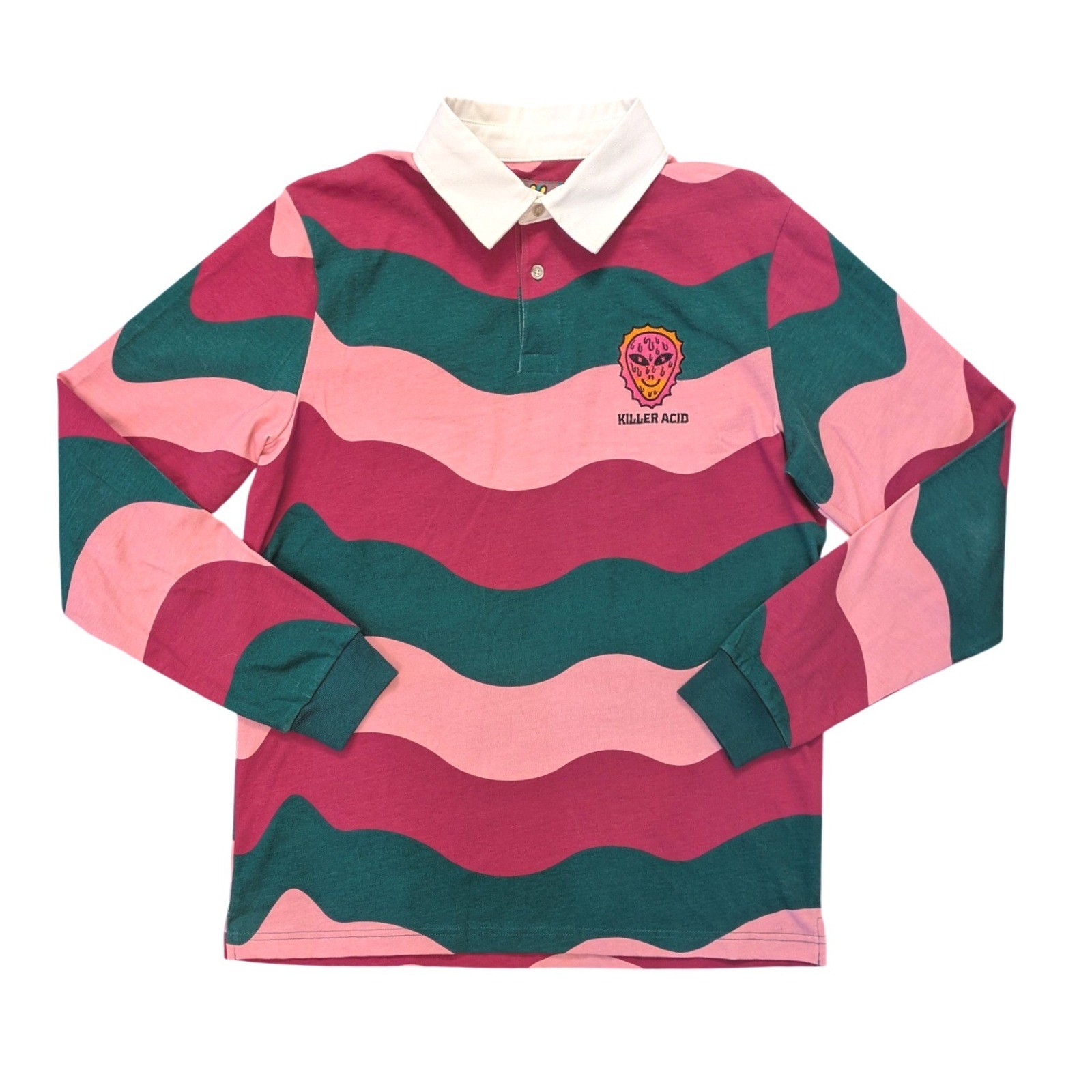 Killer Acid Mens Wavy Stripe Rugby Shirt Pink Teal Alien Polo Small S