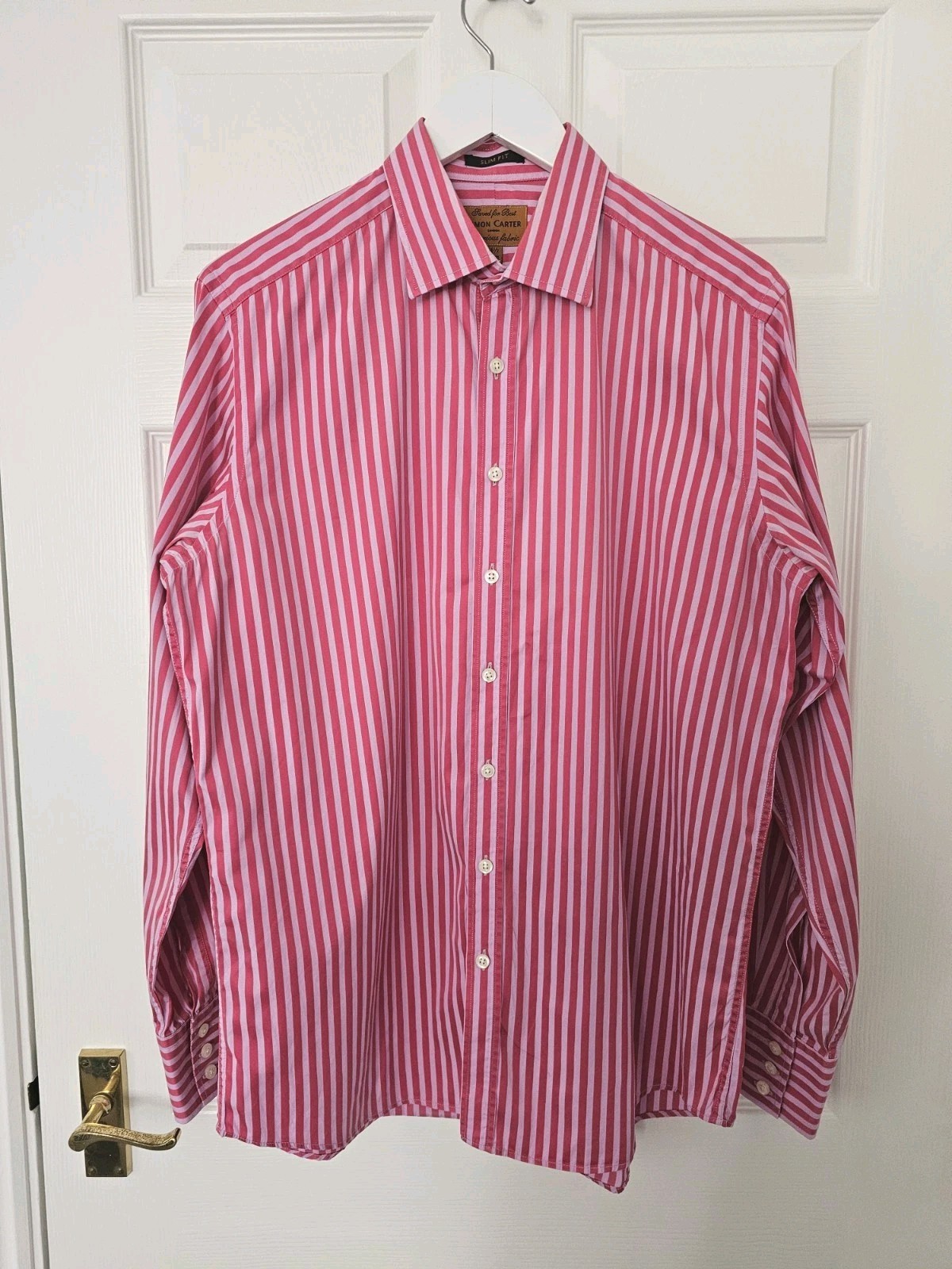 Simon Carter Stripe Shirt Size 16.5″ Slim Fit Luxurious Fabric Cotton Pink Lilac