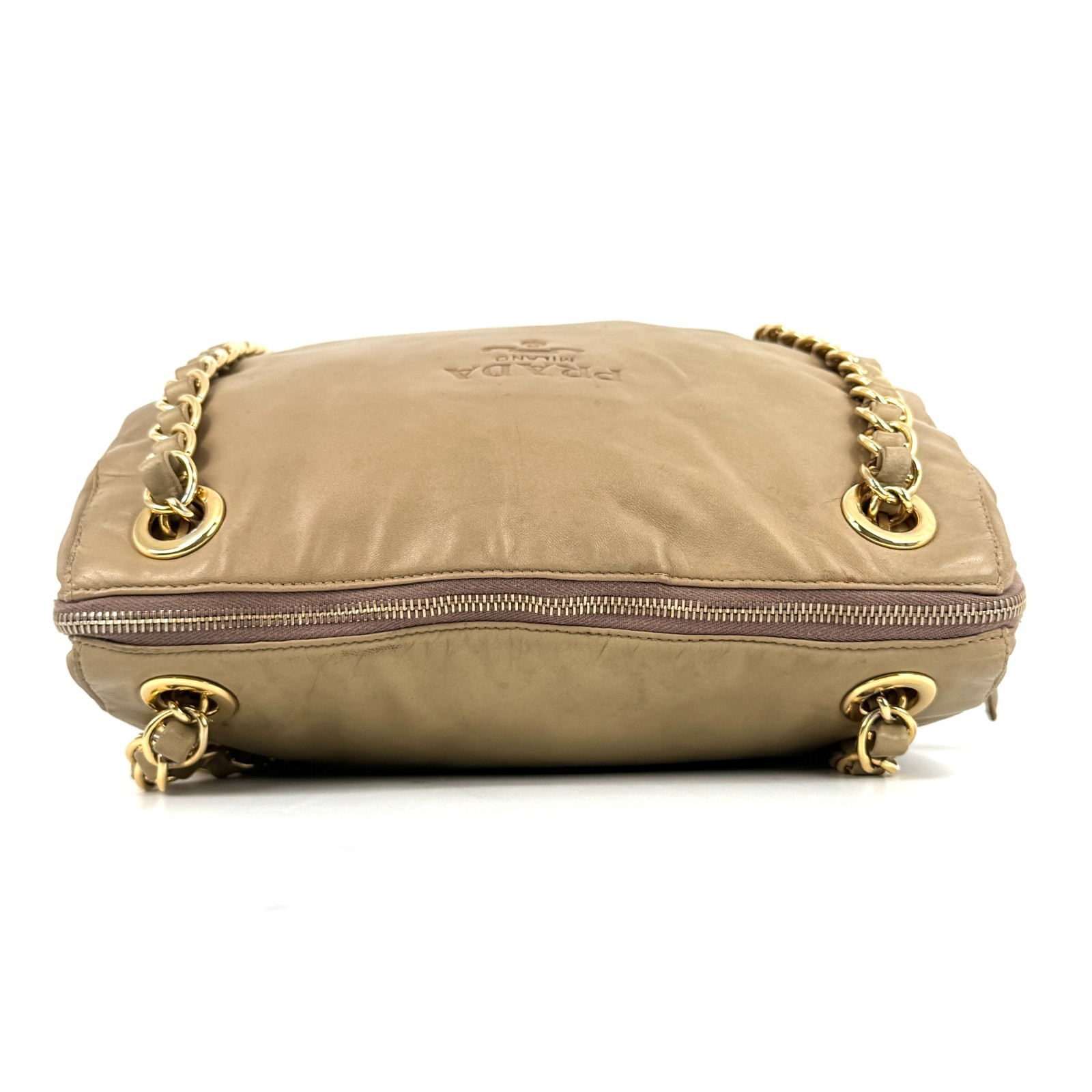 PRADA Double Chain Leather Shoulder Bag Embossed Authentic Beige From Japan