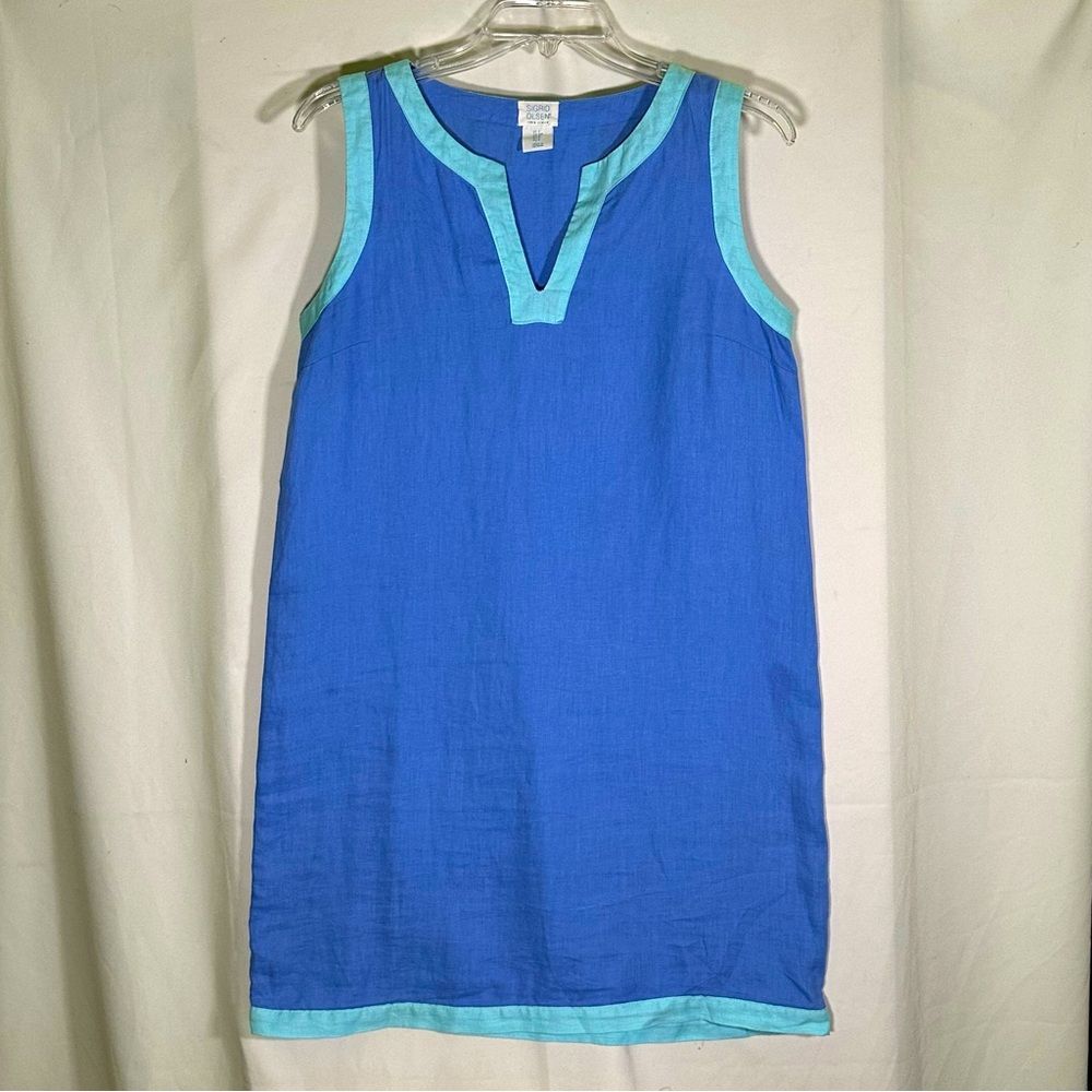 Sigrid Olsen 100% Linen Above Knee Shift Dress Blue and Aqua V-neck Womens S
