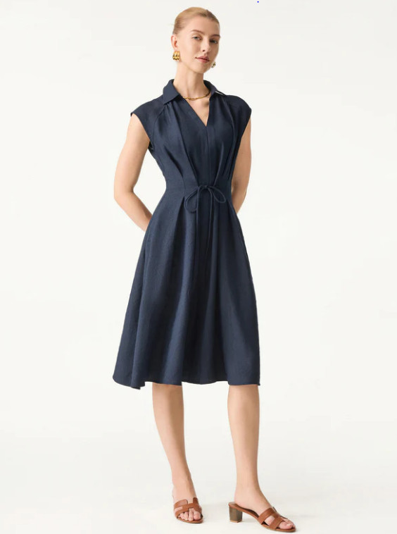 OGL Viscose-Linen Collared V-neck Midi Dress with Drawstring Pick Color/Size NWT