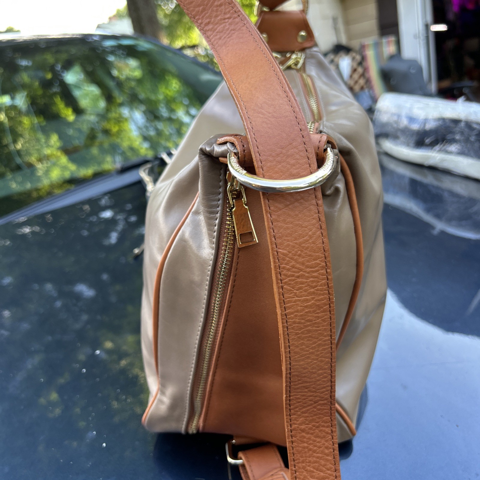 Valentina Large Dual Pocket Shoulder Bag Sling Brown/ Yellow Mustard, Italy