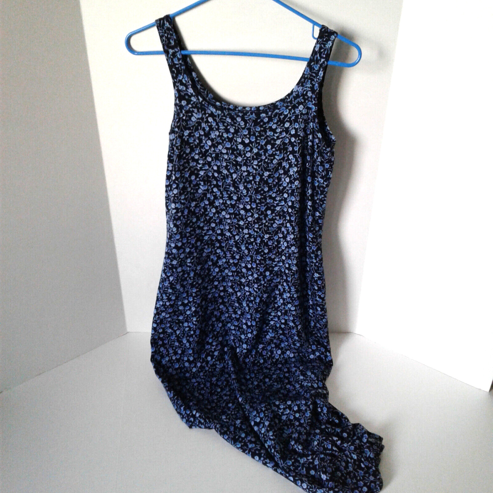 VTG Faded Glory~Tank Style Dress~Pullover~Blue Floral Print~Full Length~Small