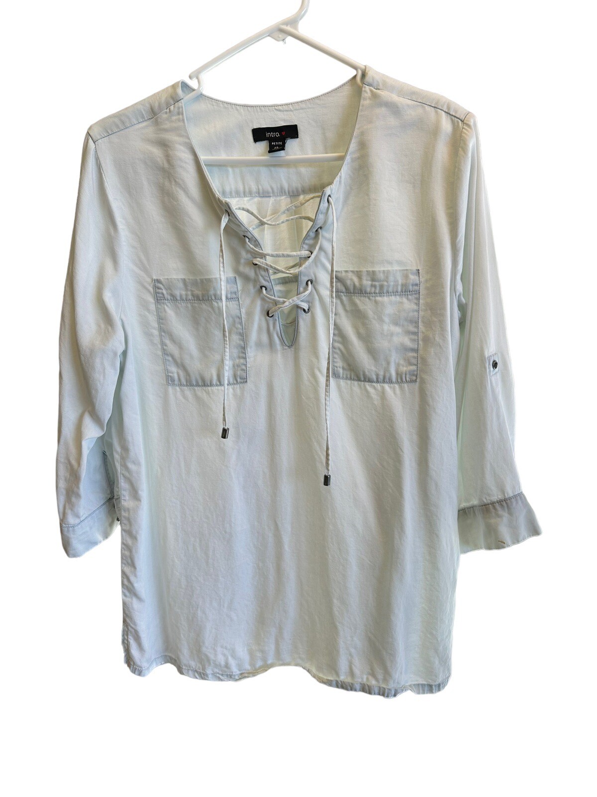 Vtg Intro Women’s PL Blue Light Wash Button up Sleeve, Lace up Front Accent