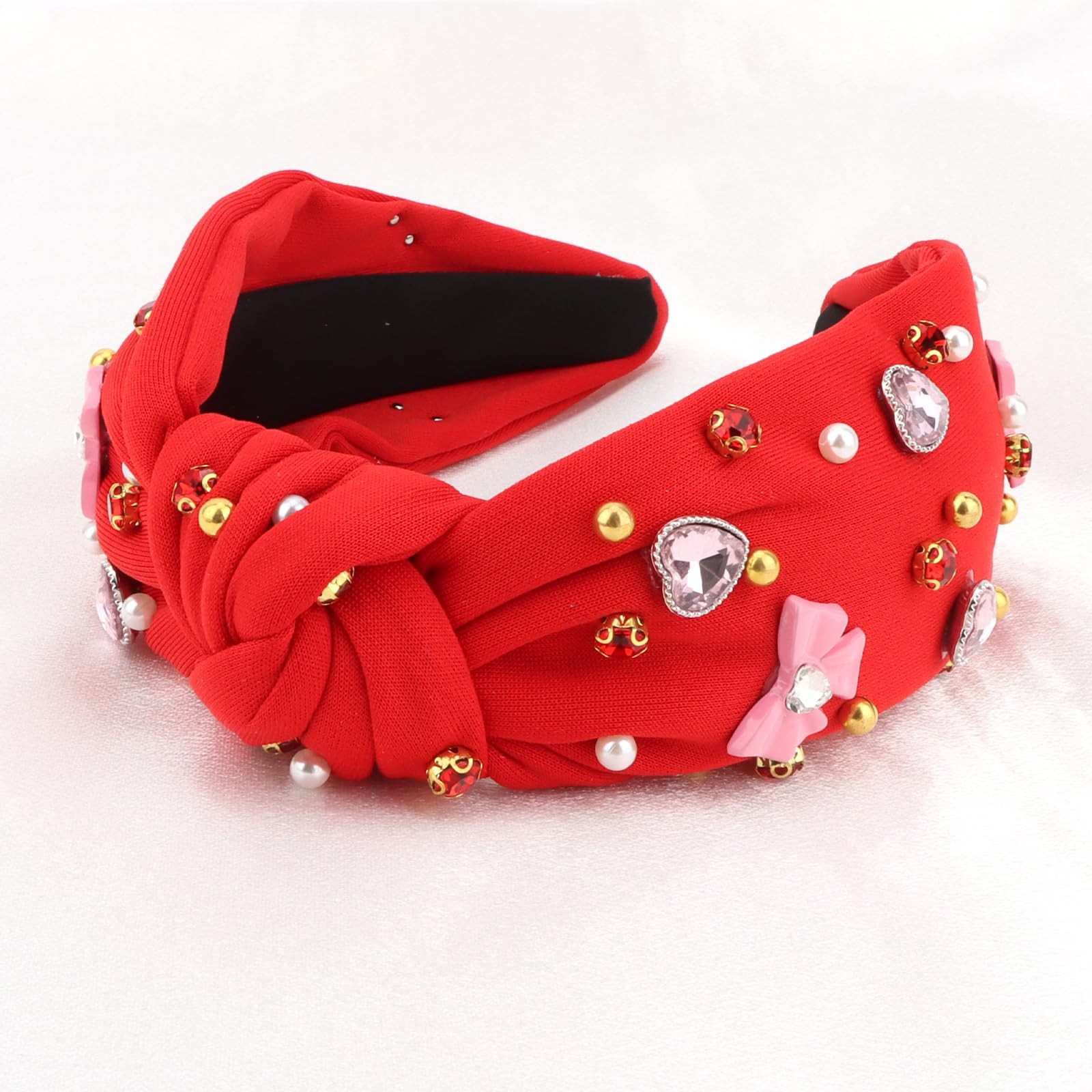 Red Valentine’s Day Knotted Bow Heart Rhinestone Pearl Headband Accessory