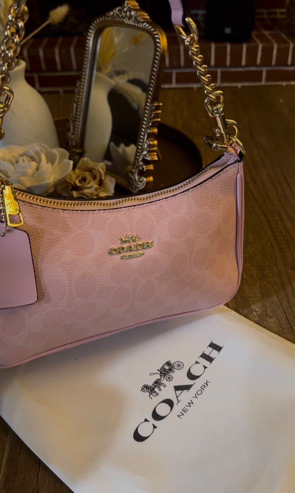 Coach Pink Logo Small Crescent Shoulder Bag Gold Chain Strap Zip Hang Tag