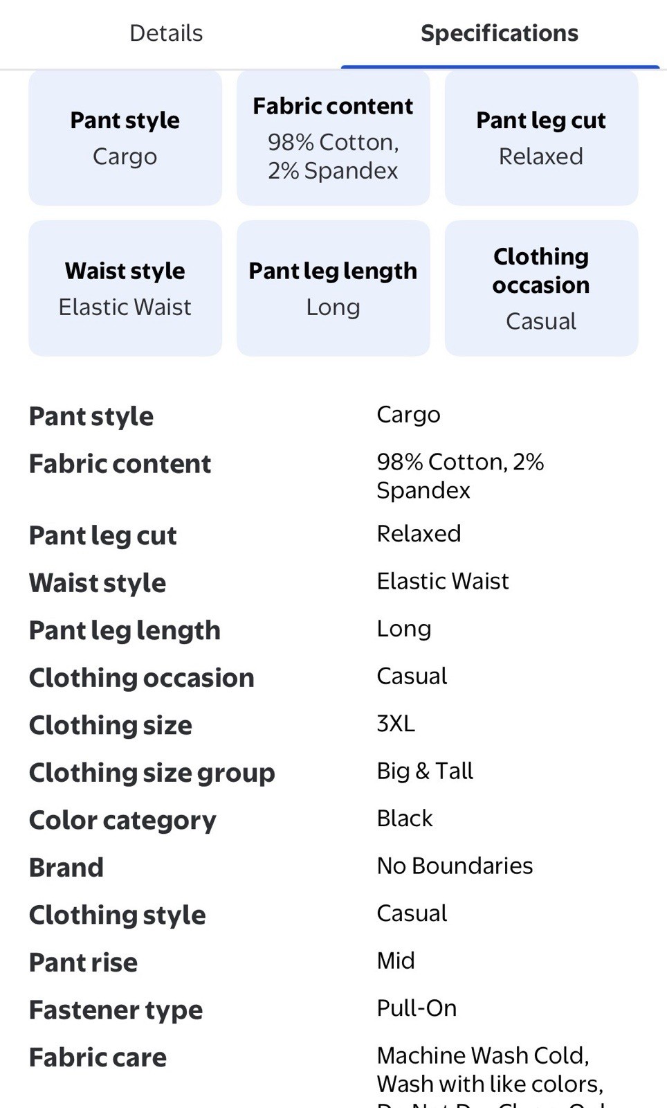 New No Boundaries Men’s Cargo Pants Black Soot Size 2XL (44-46)