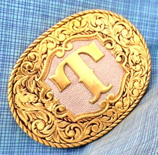 T Belt Buckle Western Initial T Monogram 22KGP Vtg Award Design Medals .NOX743