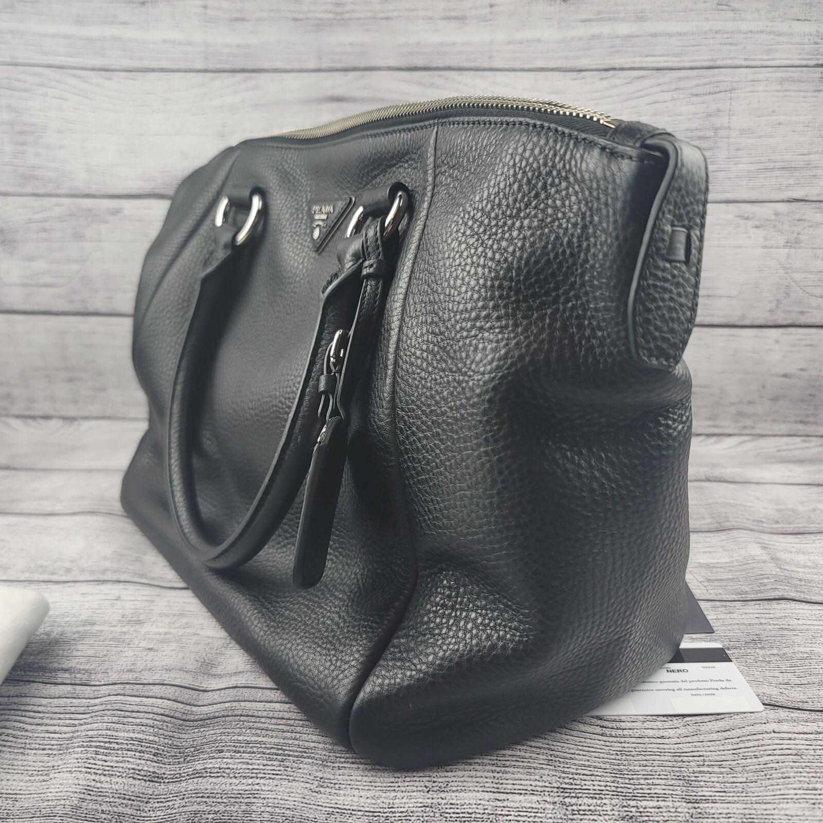 Prada Vitello Daino Black Leather Satchel Bag BR5128 Nero Silver Hardware