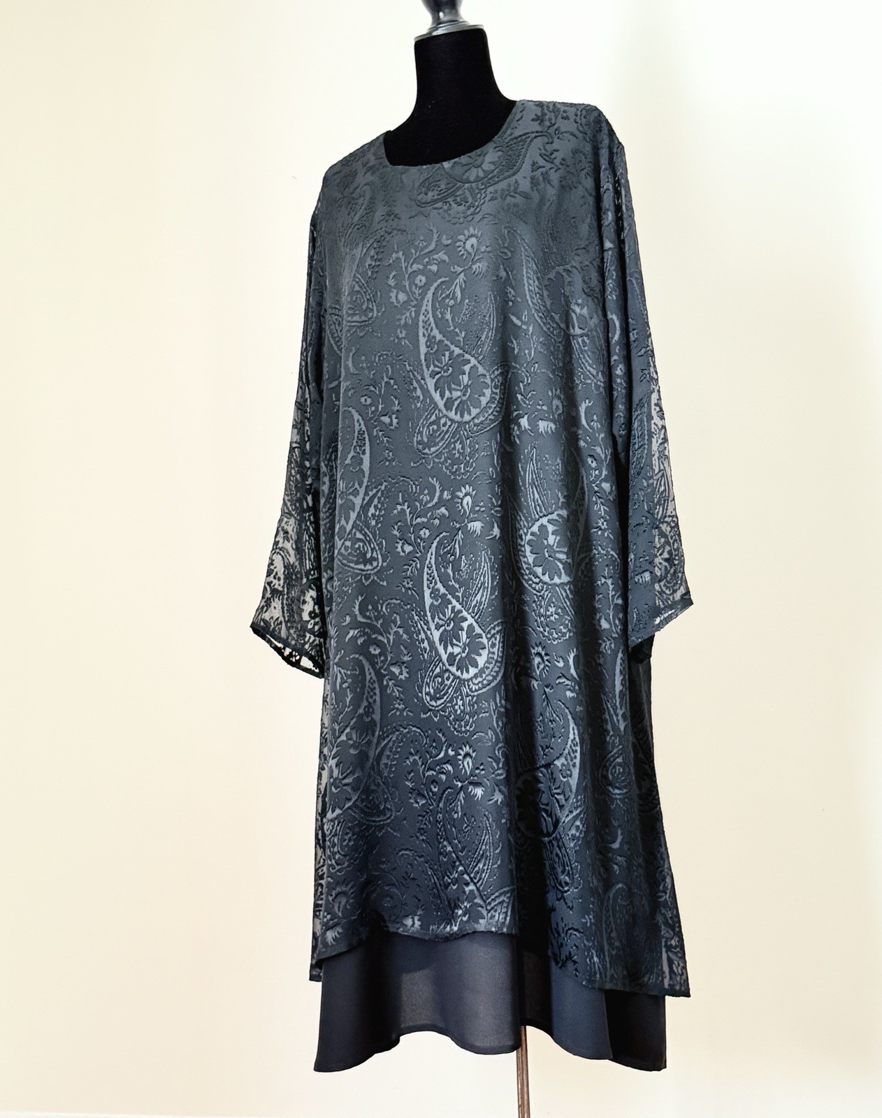 Eskandar Black Silk Blend Devore A-Line Dress Size 2 Oversized Layered