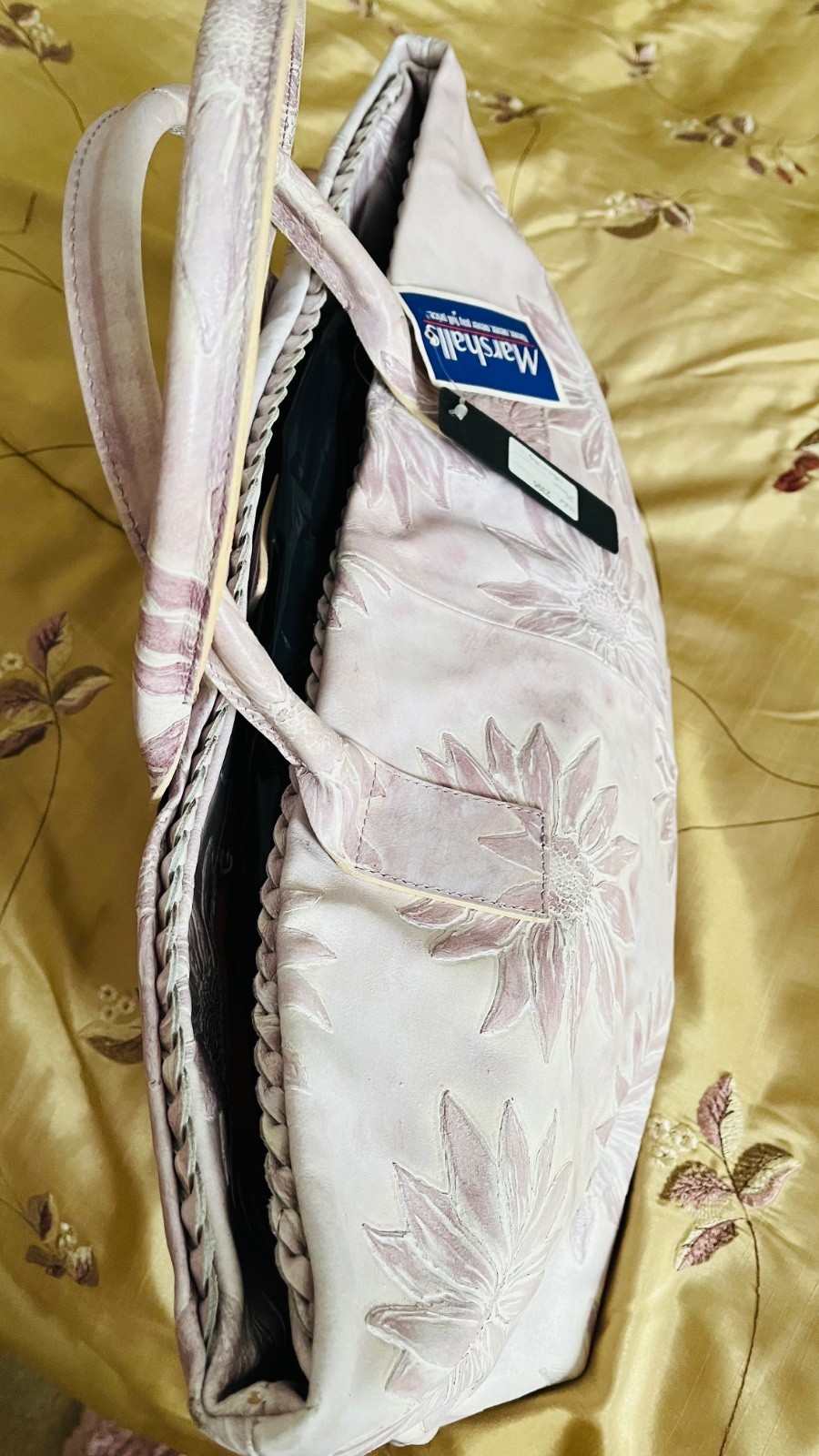 New Falor Italy Leather Tote Bag,Lavender Purple Floral Embossed Sunflower, NWT.