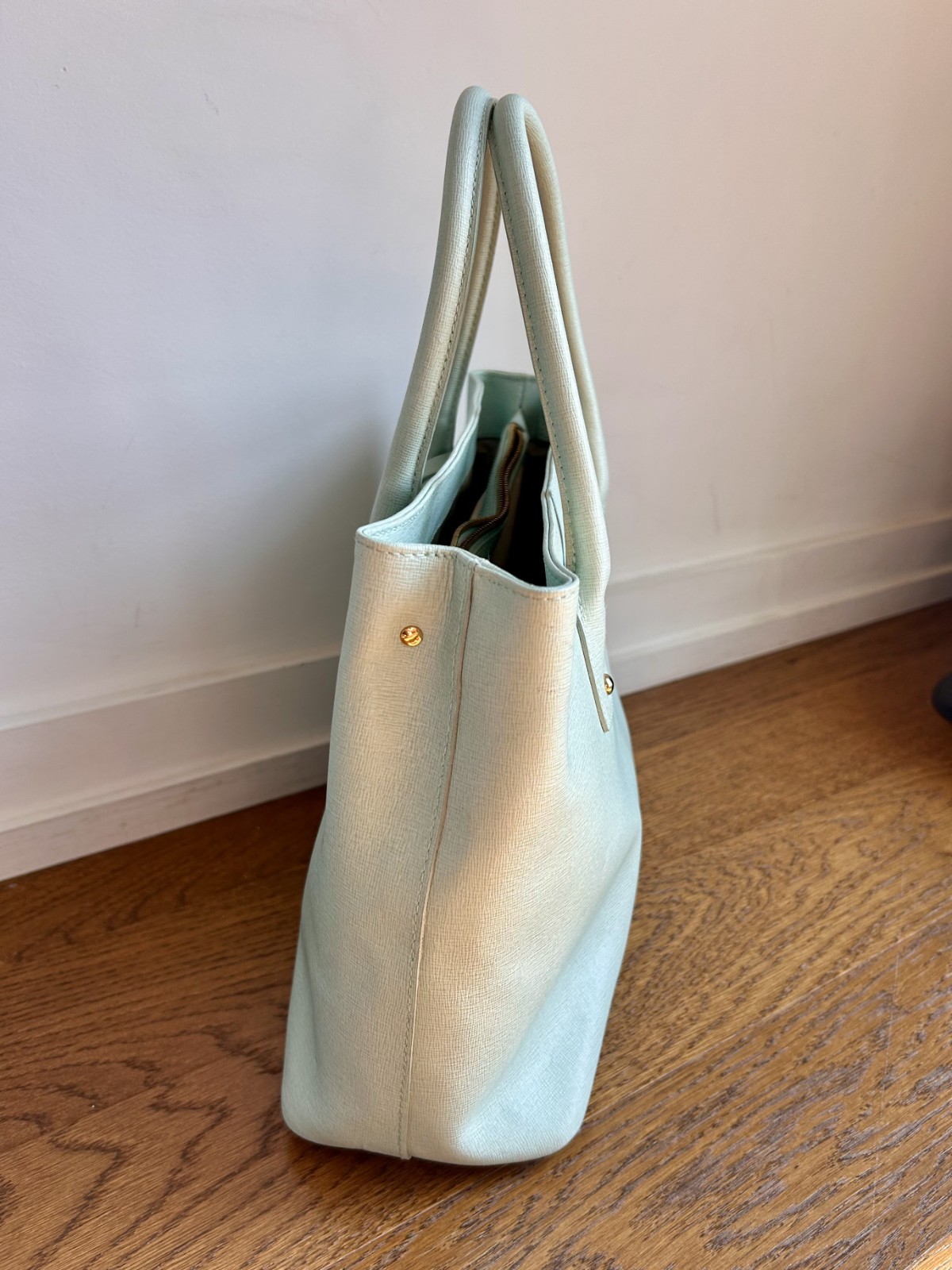 Furla Mint Green Divide It Leather Tote Bag Medium Handbag Gold Hardware Italian