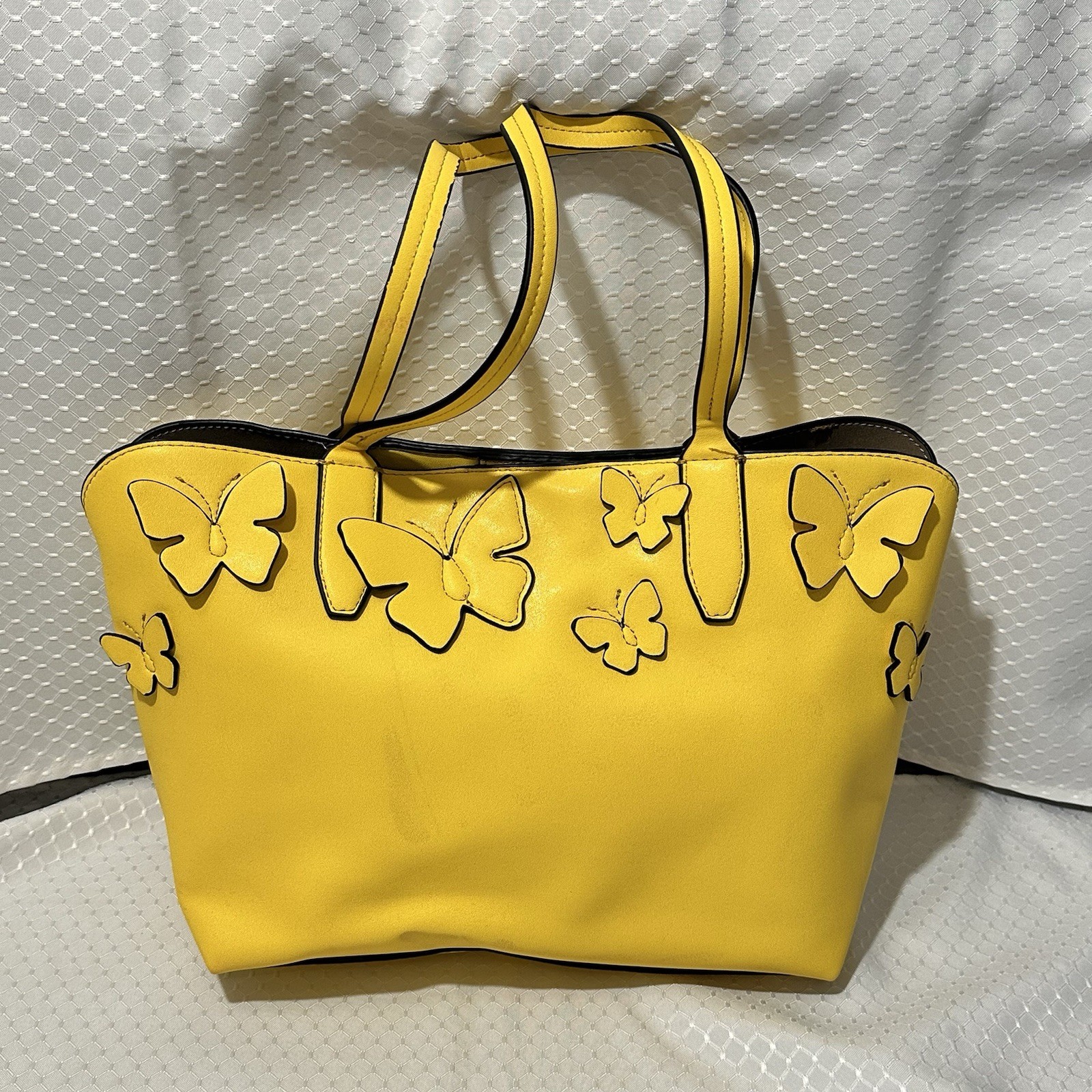 Yellow Butterfly Applique Purse, Double Handles, snap closure, Inside Pockets