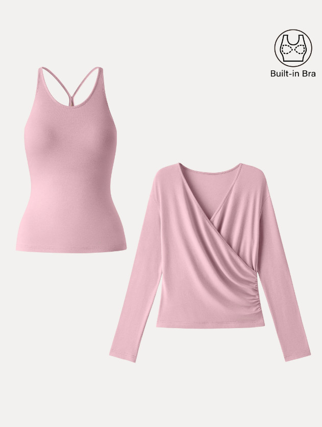 OGL Summer Two Piece Cami Surplice Ruched Top Set Women New