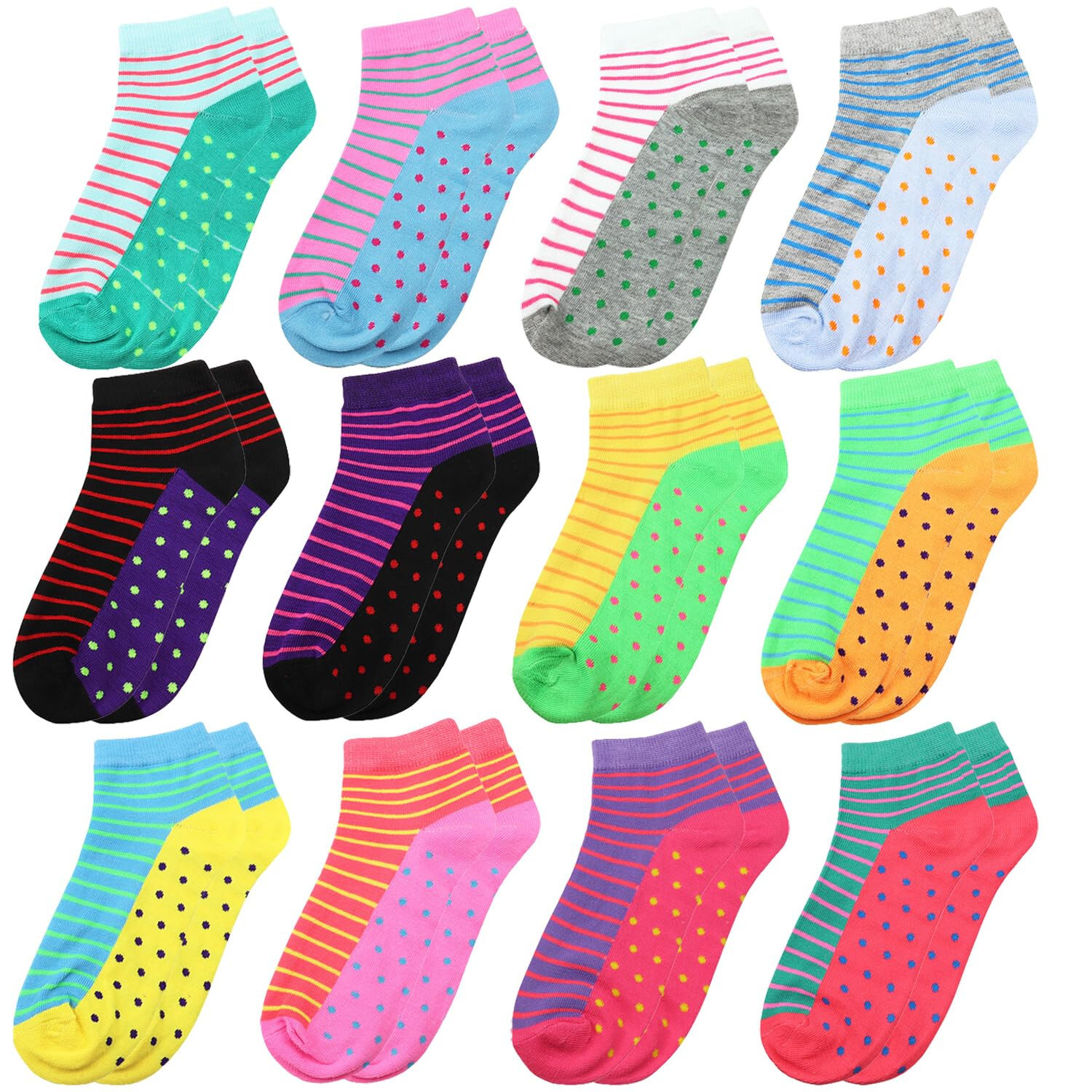 12 Pairs Assorted Color Striped & Dots Pattern Women Athletic Sport Ankle Socks