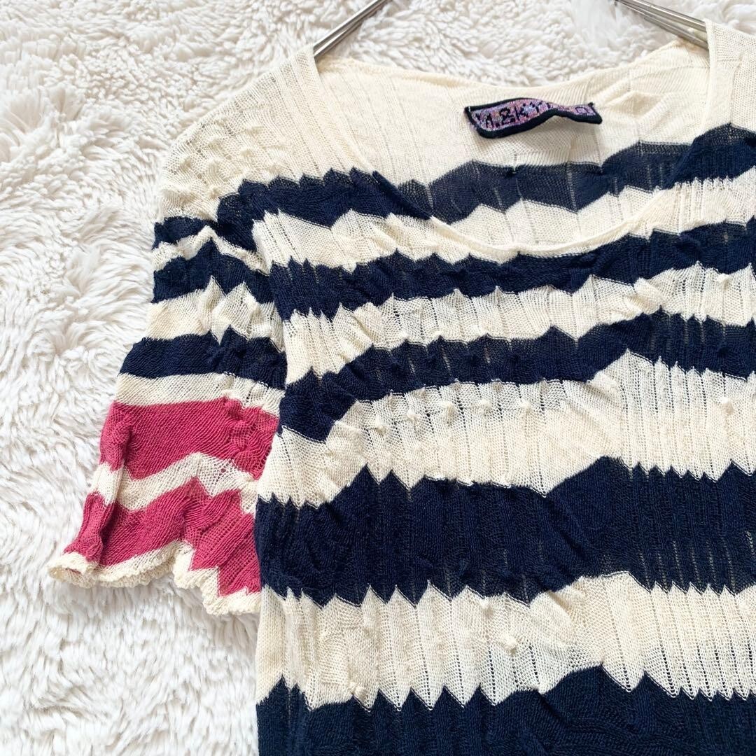 M.&KYOKO Silk Blend Short Sleeve Striped Knee Dress Size 1 Ivory Navy Pink Auth
