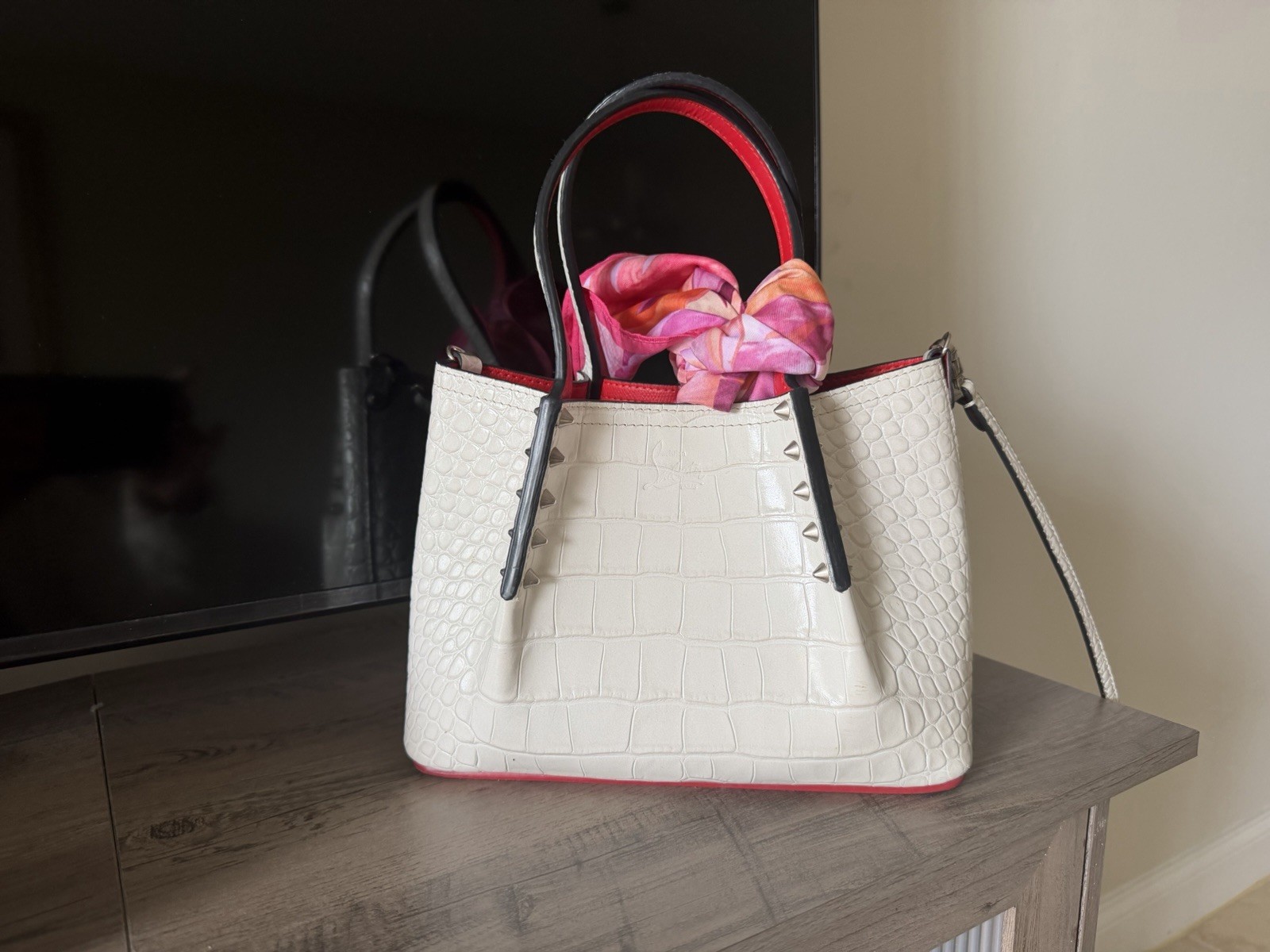Christian Louboutin White Croc Embossed Paloma Satchel Top Handle w/ Strap Red