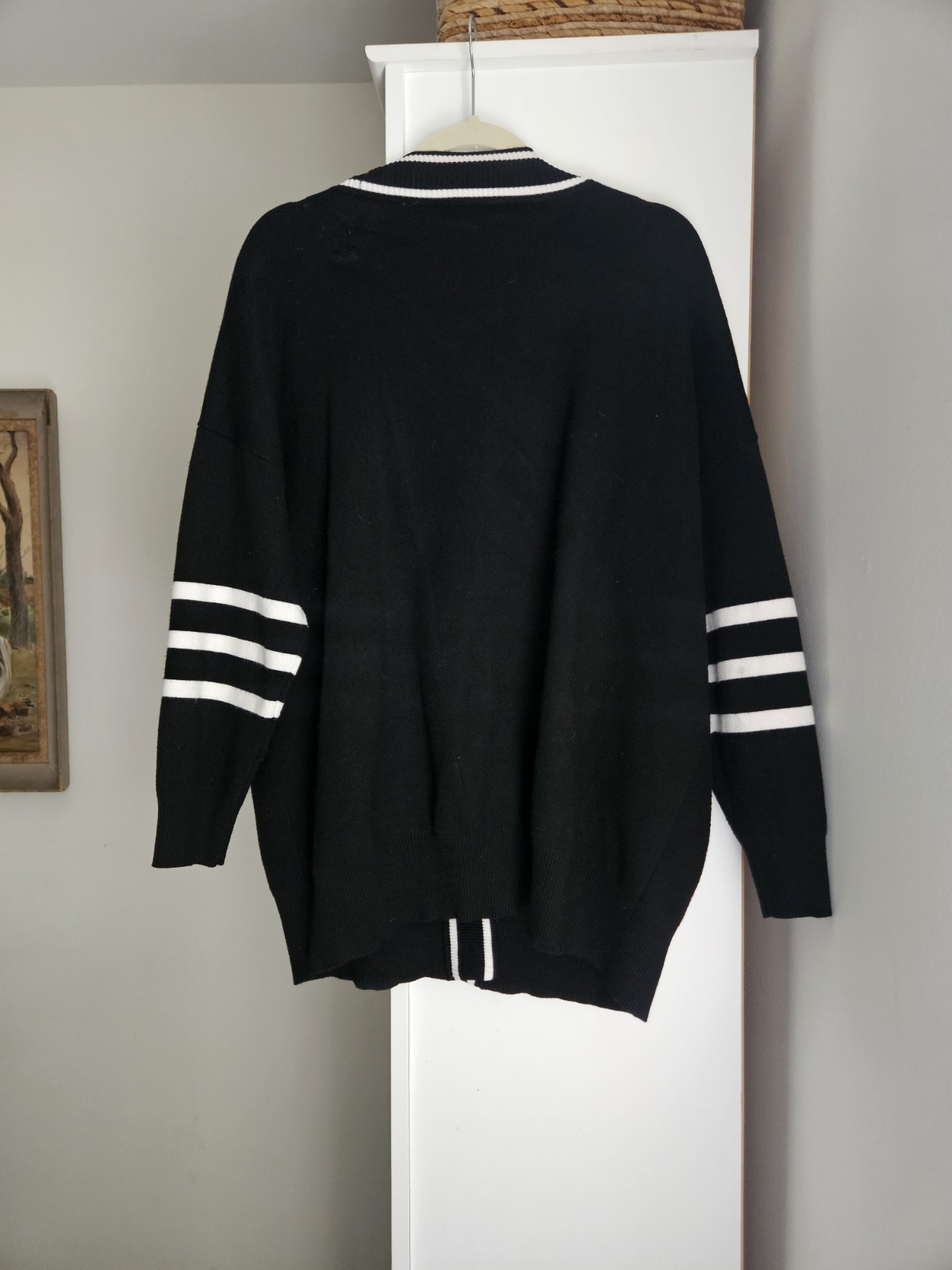 Sandro Paris Black/White Striped Knit Button V-Neck Cardigan Size M