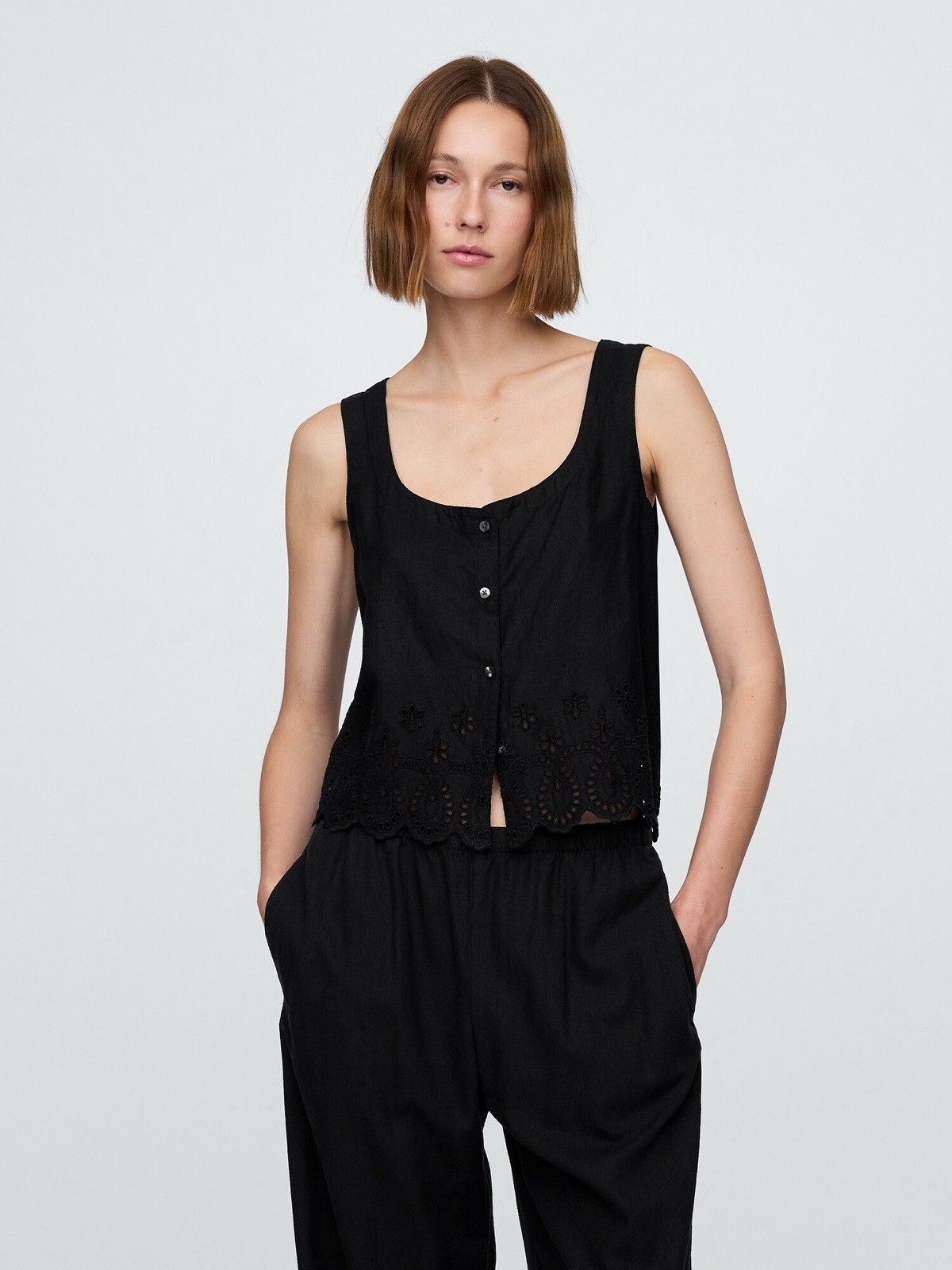 GAP Linen Blend Eyelet Top Blouse Women’s XL Black Sleeveless