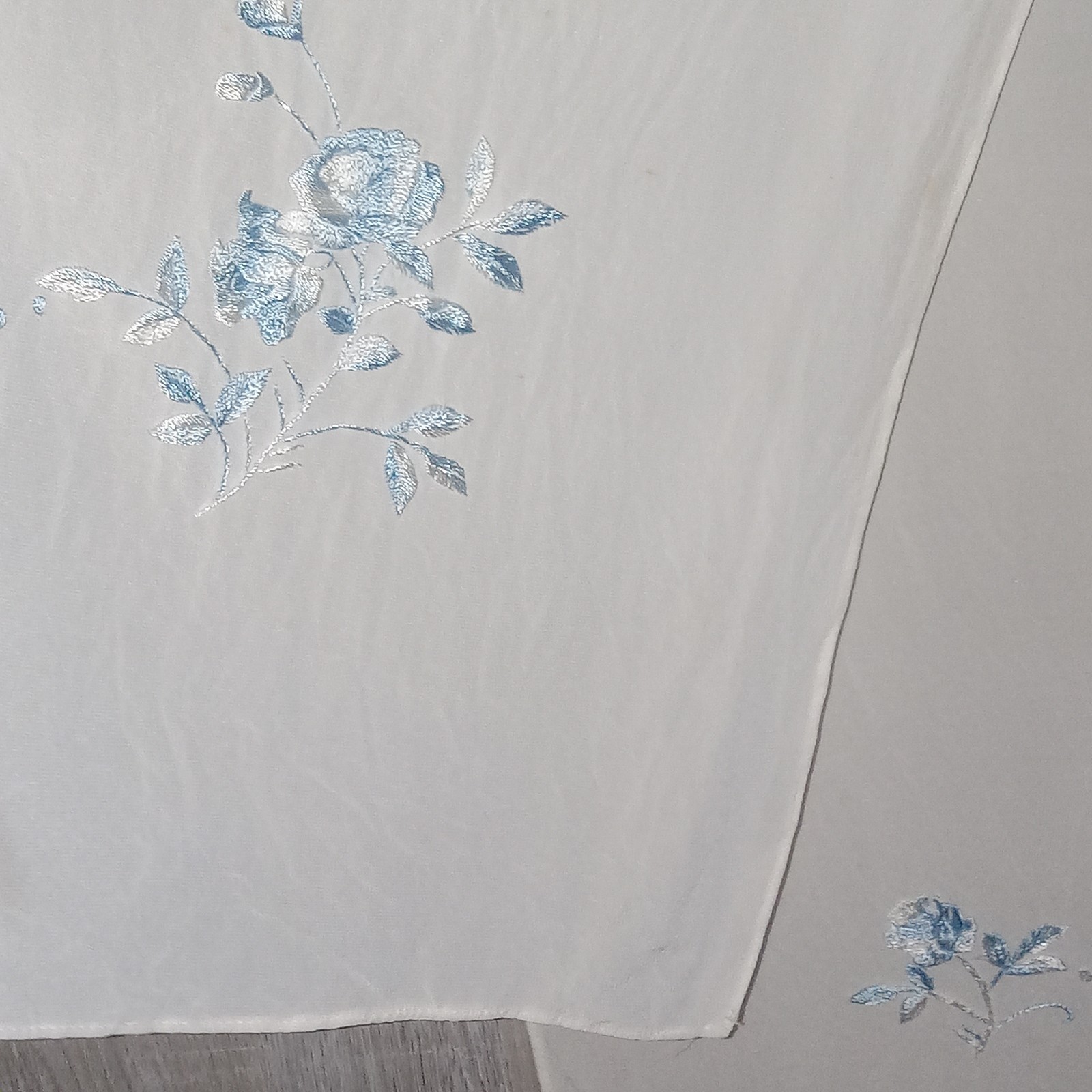 Vintage 100% Silk Embroidered Scarf Teal & Blue On Cream 13×53″ Set Of 2 Read
