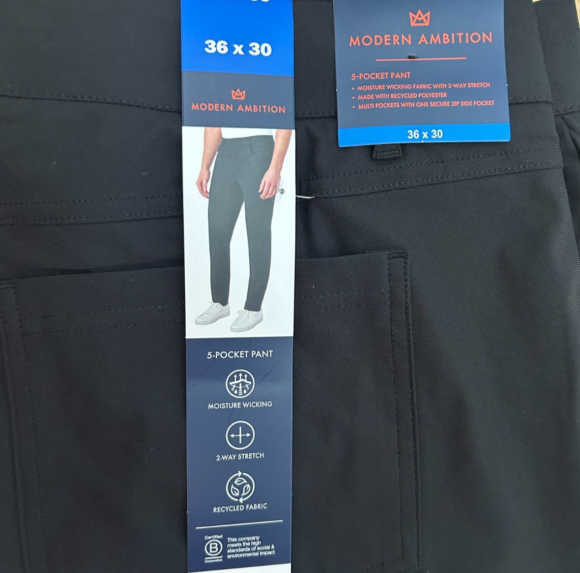 Modern Ambition Men’s 5-Pocket Pant Moisture Wicking Fabric Black Size 36×30