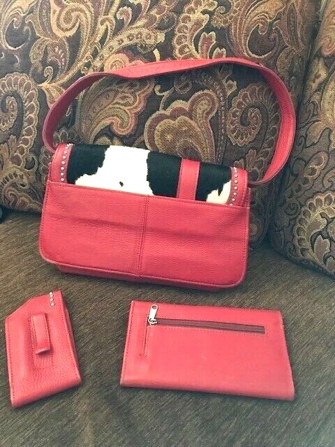 AMERICAN WEST LEATHER HAIR ON HIDE PURSE WALLET CELL CASE 3 PC SET GOOD COND