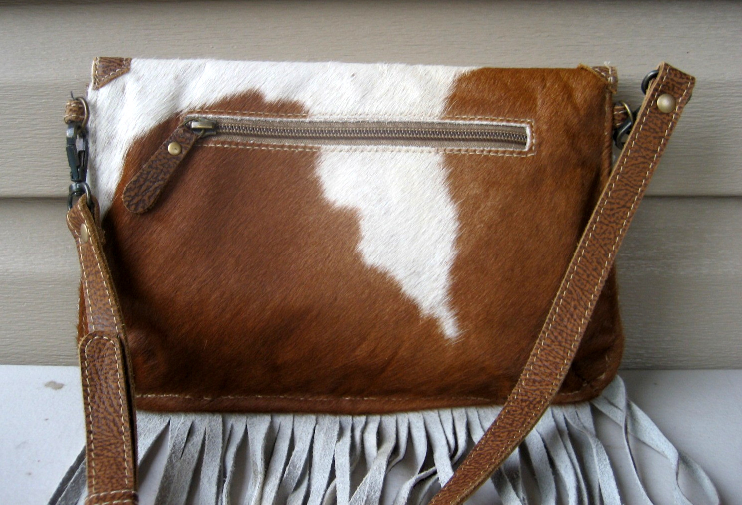 Myra Cowhide Leather Calfhair Crossbody Bag Fringe Western Handbag MINT