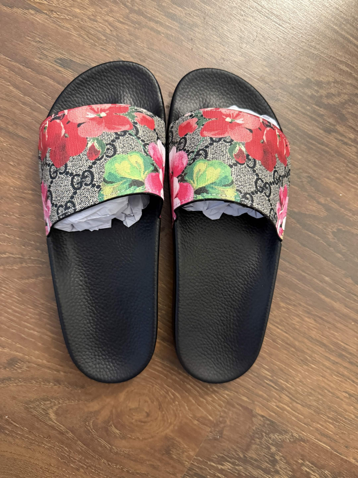 Gucci Pink GG Supreme Blooms Slides Sandals Size 38