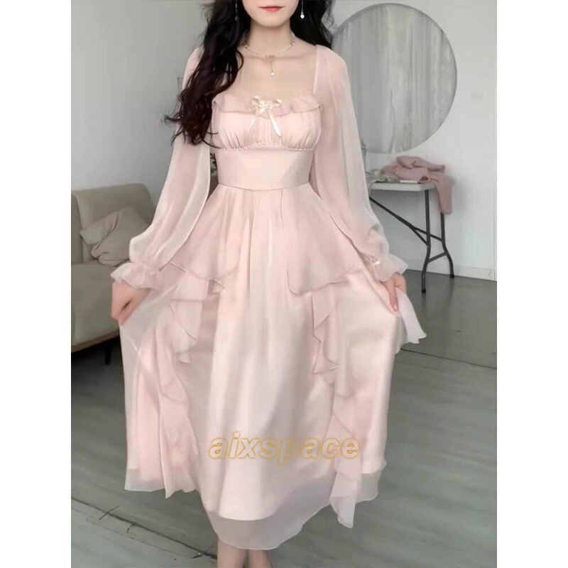 Women Dress Korean Folds Elegant Zippers Party Flare Sleeve Chiffon Dresses