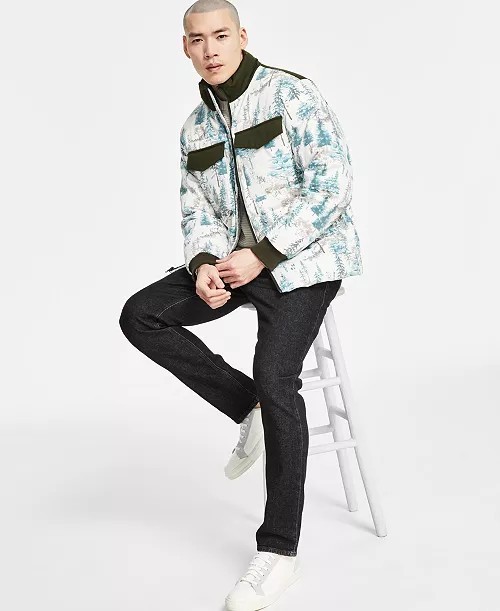 Sun + Stone Men’s Insulated Quilted Puffer Jacket Forest Tree Print Winter Coat