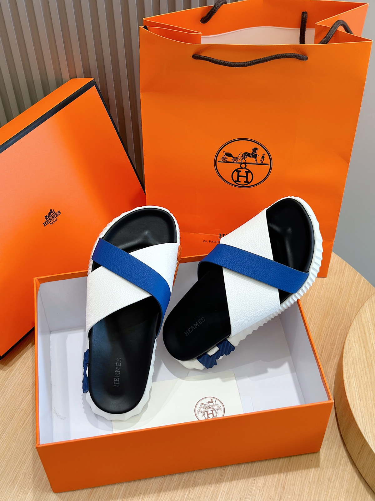 Hermès Eclair Platform Slides White & Blue Leather Cross Band Chunky Sole men Sa