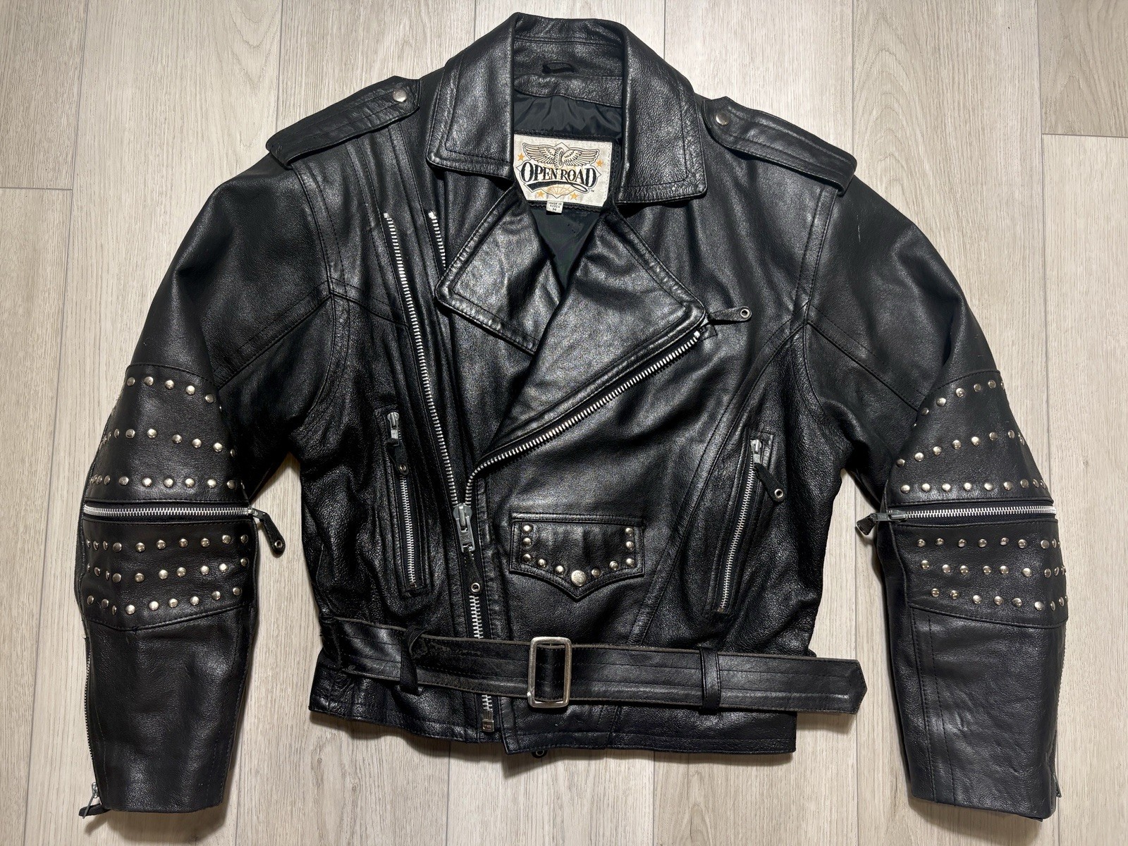 VTG 80s 90s Open Road Studded Leather Moto Jacket Brando Punk Biker Belted M