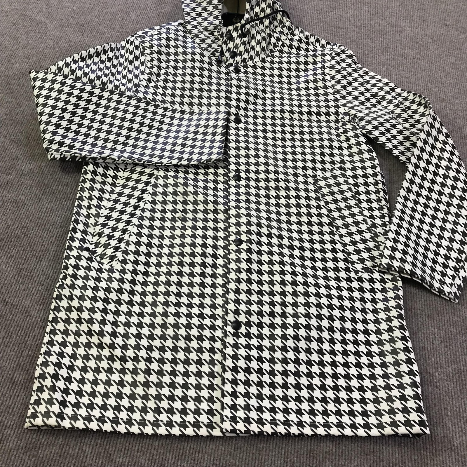 Stutterheim Raincoat Jacket Mens XS Black White Houndstooth Hooded Rain Parka