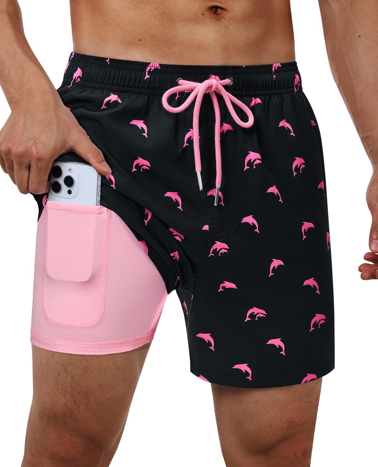5 Inch Mens Swim Trunks Phone Pocket Quick Dry Stretch Boxer Brief Liner Beach
