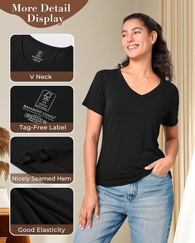 BAMBOO COOL Women’s Short Slv. T Shirt Basic Tee Regular Fit V neck Small black
