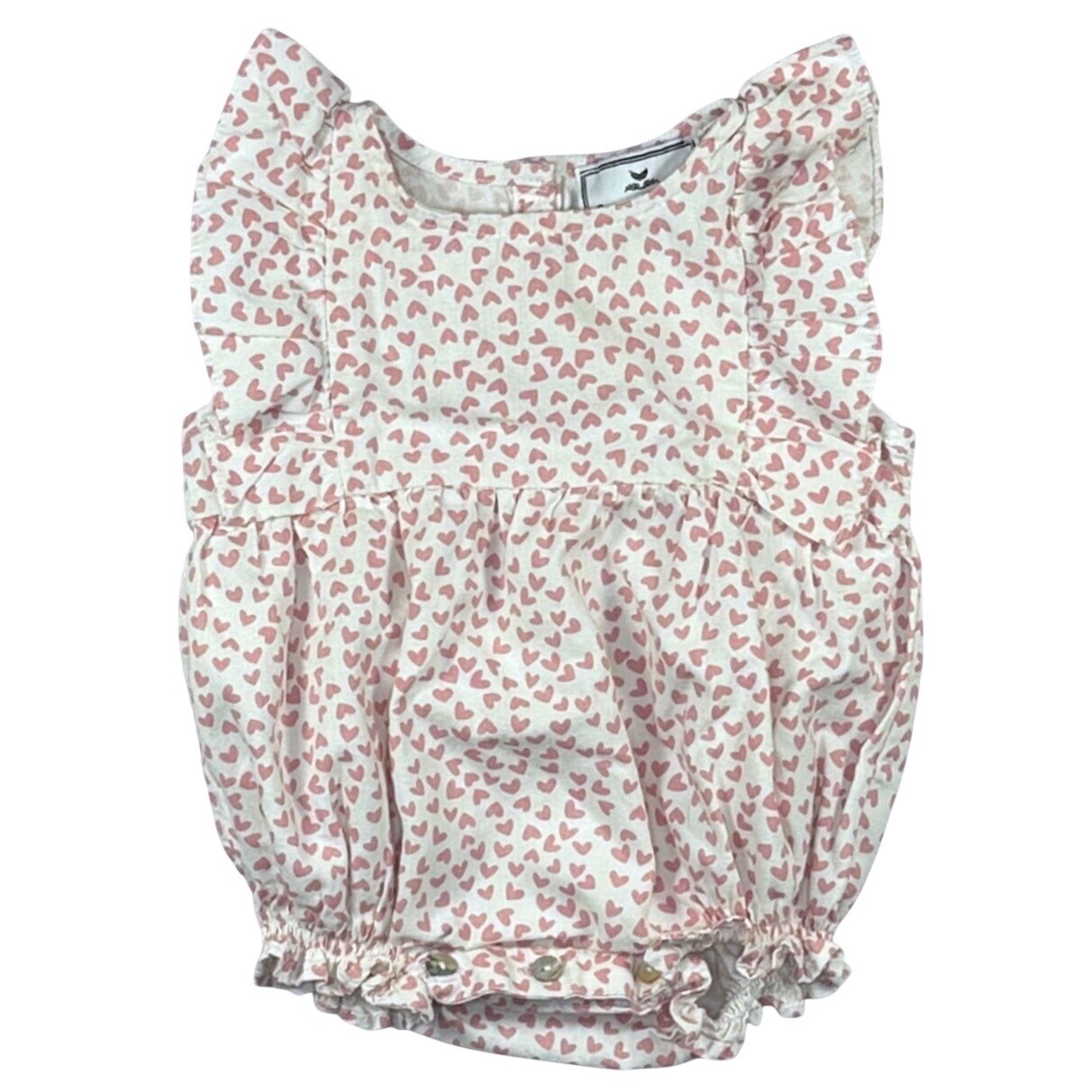Petite Plume Heart Print Bubble Romper with Flutter Sleeves Size 0-3M
