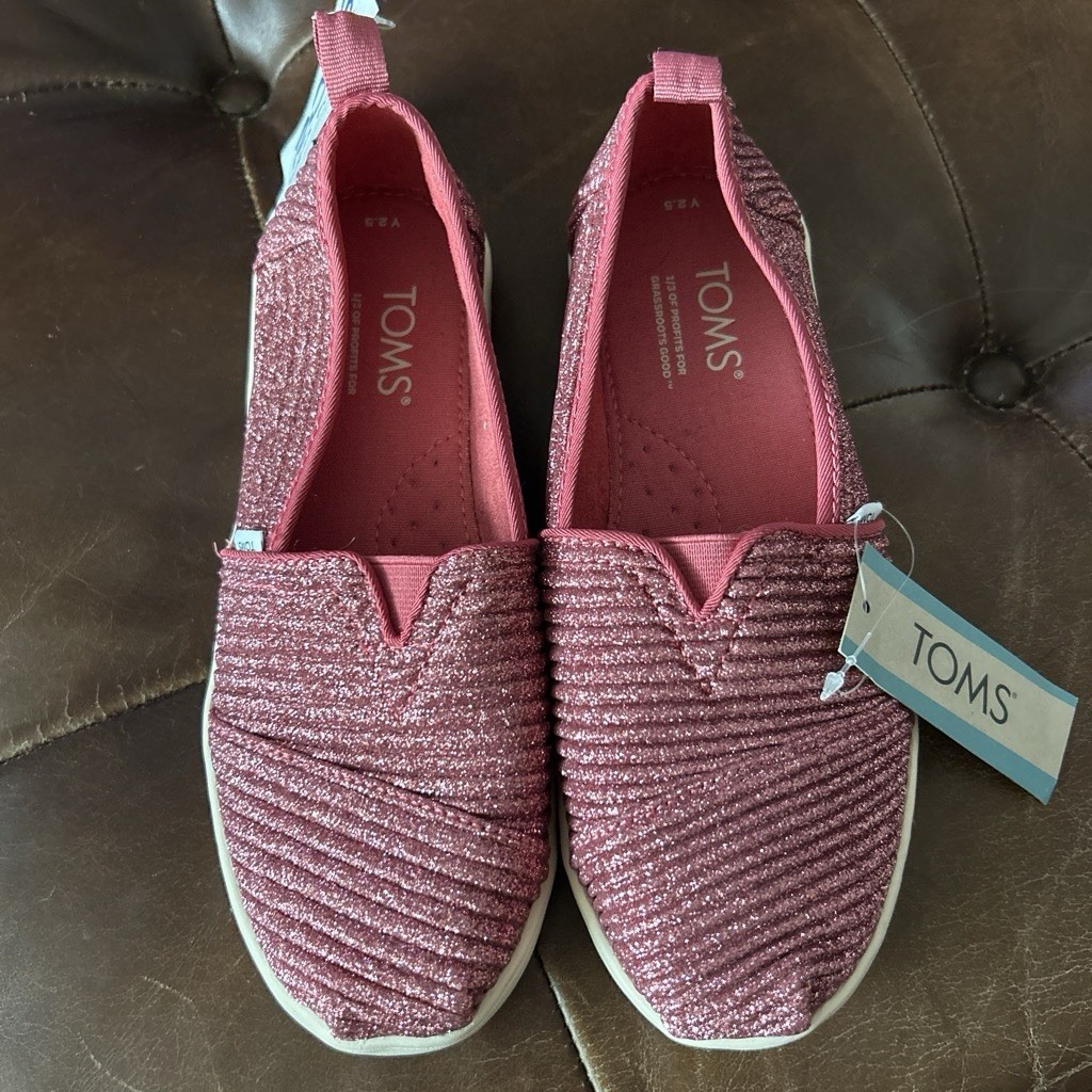 TOMS Alpargata Slip-On Flats Dark Rose Glimmer Cord Glitter Logo Women’s 2.5
